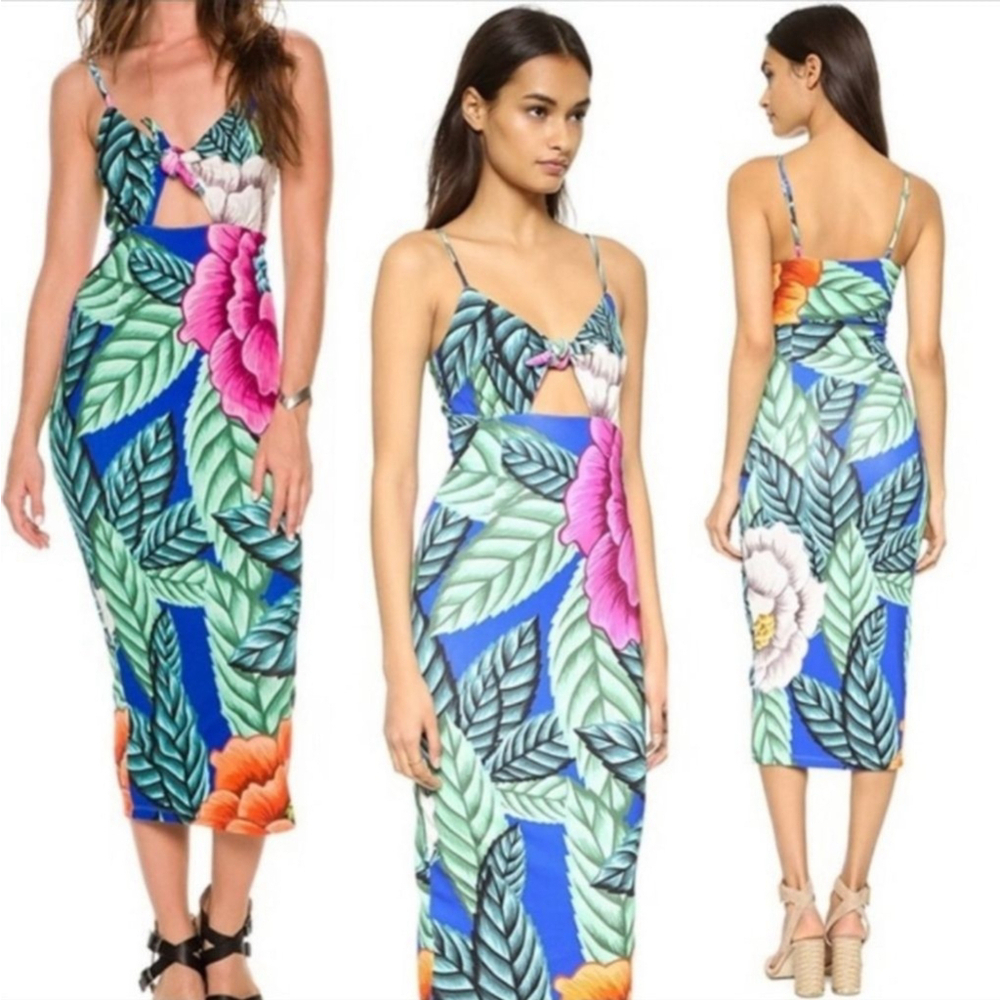 Mara Hoffman Tie Front Spaghetti Strap Tropical Floral Cutout Midi Dress S